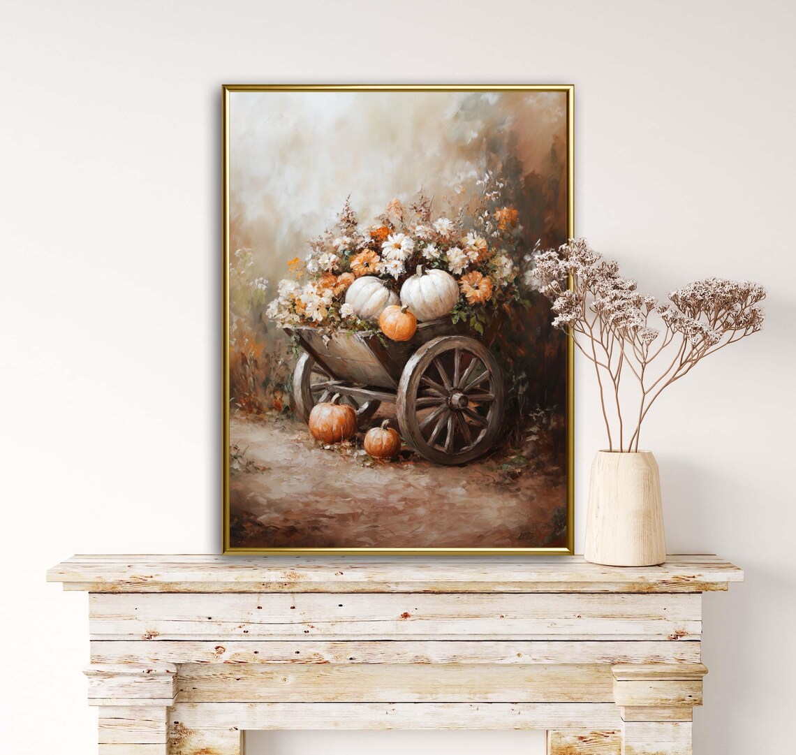 Autumn Tales Wheelbarrow Pumpkins Flowers Vintage Rustic Harvest Art Print - Image 4