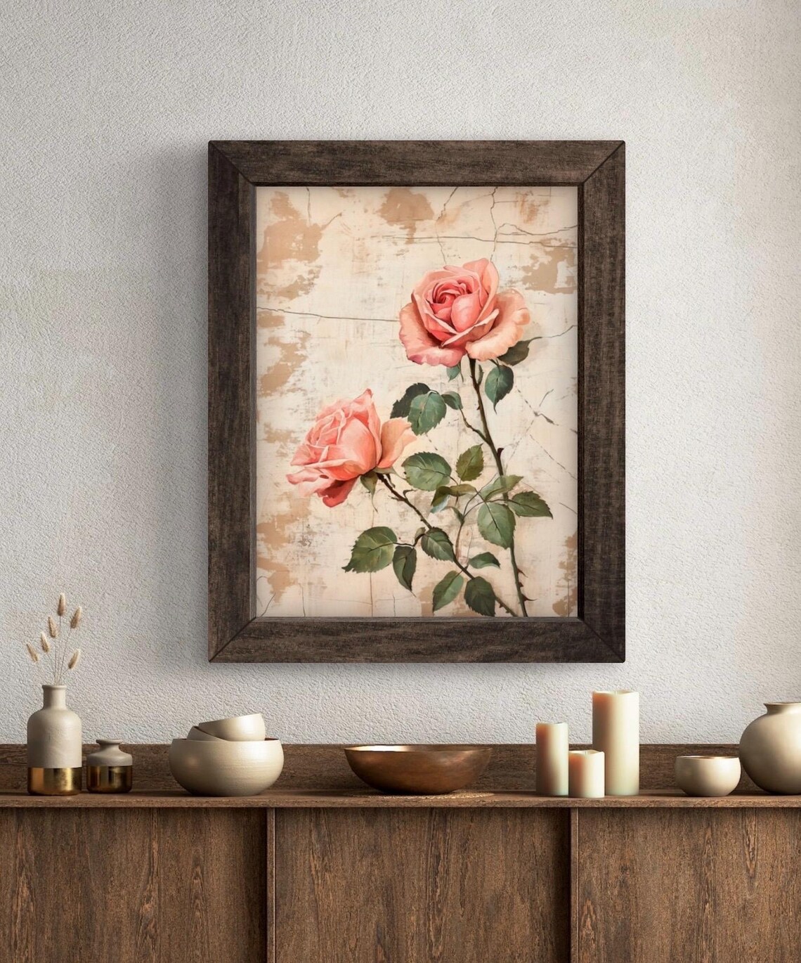 Vintage Pink Roses Botanical Illustration Distressed Beige Floral Poster - Image 5