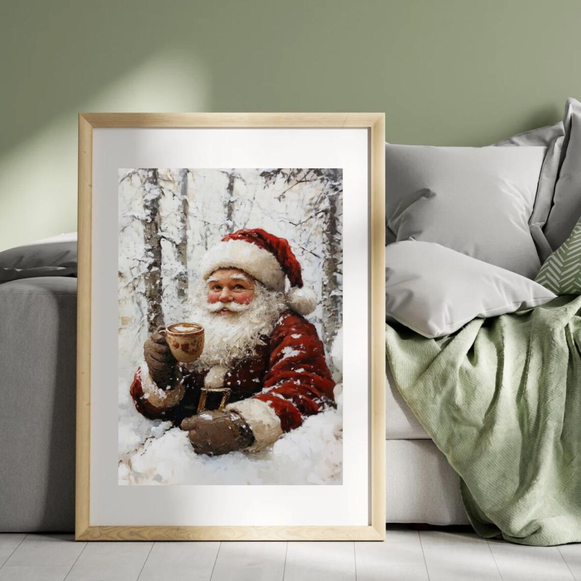 Vintage Santa Having Coffee Art Print, Winter Landscape - Image 3