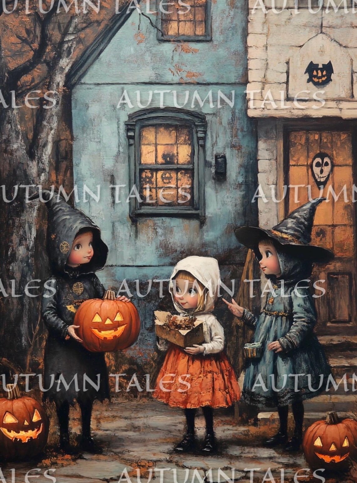 Cute Witch Kids Trick Or Treat With Jack O Lanterns Halloween Wall Poster - Image 2