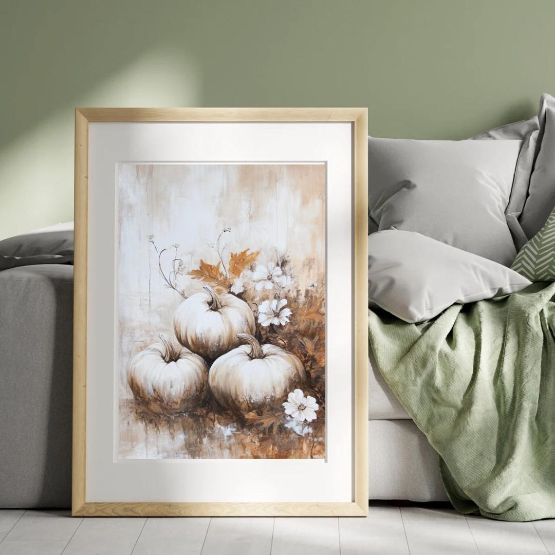 Three White Pumpkins Cosmos Flowers Soft Neutral Autumn Tone Wall Art - Image 4