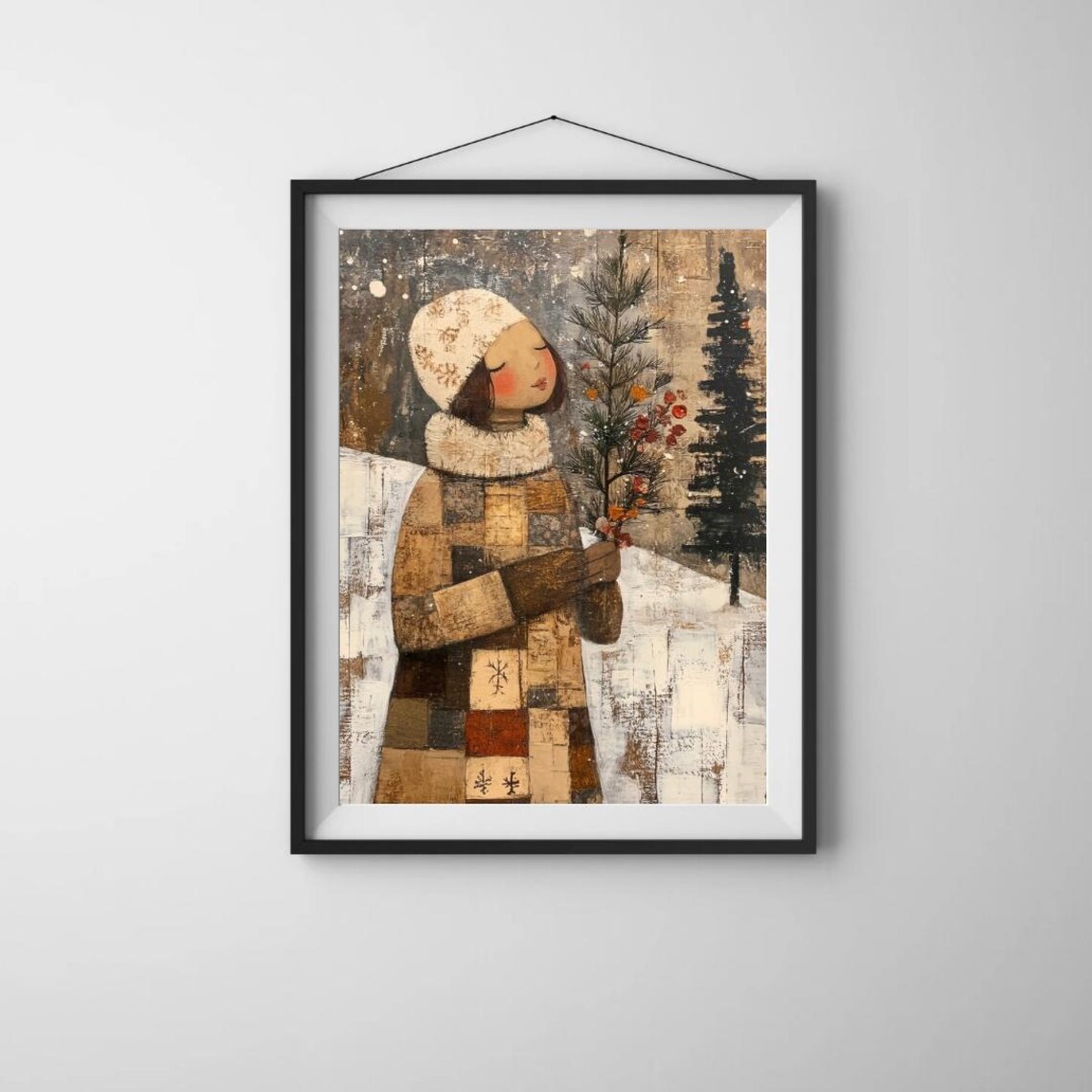 Winter Folk Art Christmas Girl Portrait Art Print - Image 6