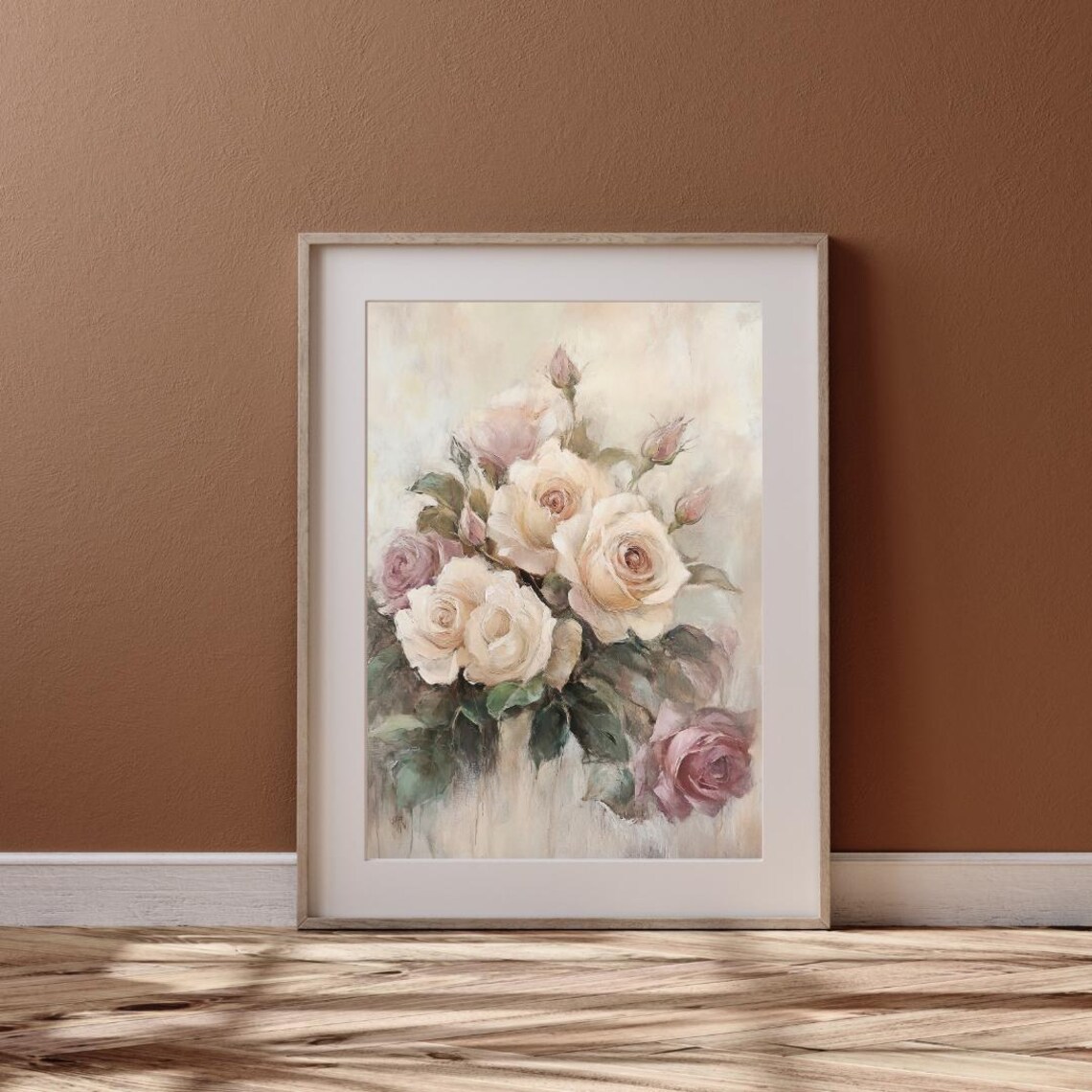 Beige and Blush Pink Roses Bouquet Vintage Botanical Floral Wall Art Print - Image 6