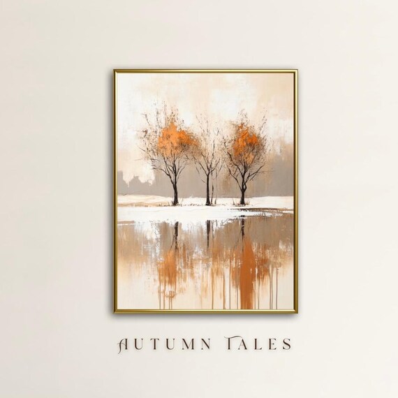 Modern Fall Countryside Lake Wall Art Minimalist Farmhouse Decor Tranquil Moody Autumn Winter Trees Warm Earthy Tone Colors