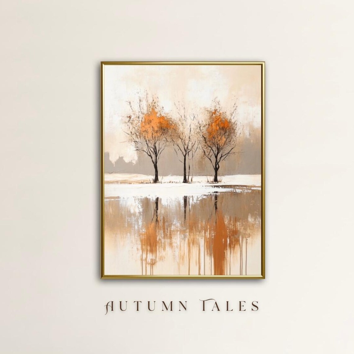 Minimalist Autumn Trees With Orange Foliage Beside Reflective Lake Art Poster