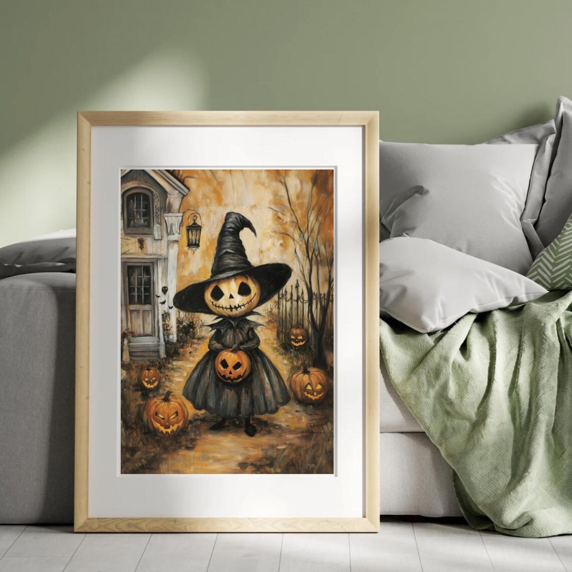 Cute Pumpkin Head Witch Girl With Jack O Lanterns Vintage Halloween Poster - Image 5