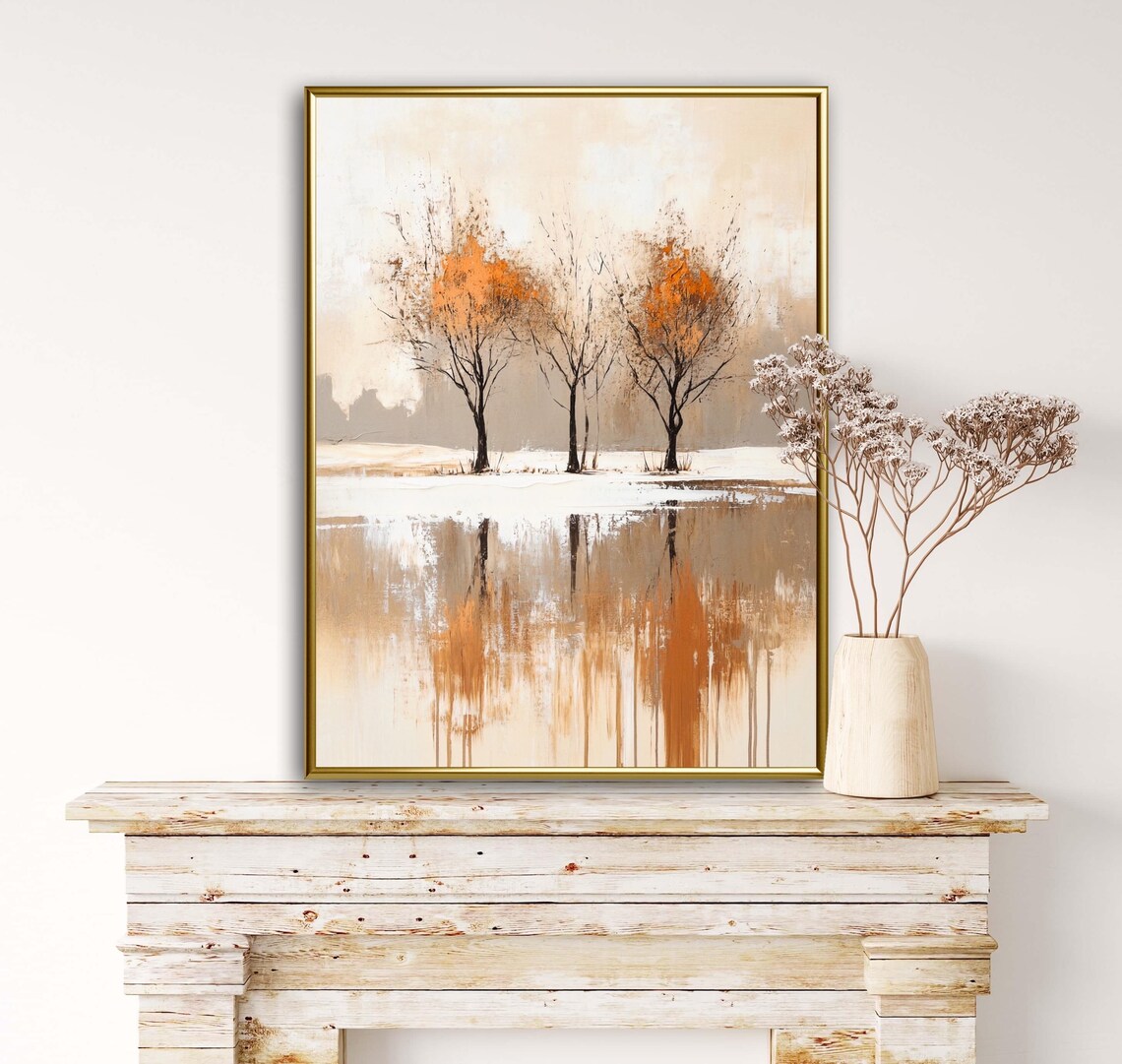 Minimalist Autumn Trees With Orange Foliage Beside Reflective Lake Art Poster - Image 6