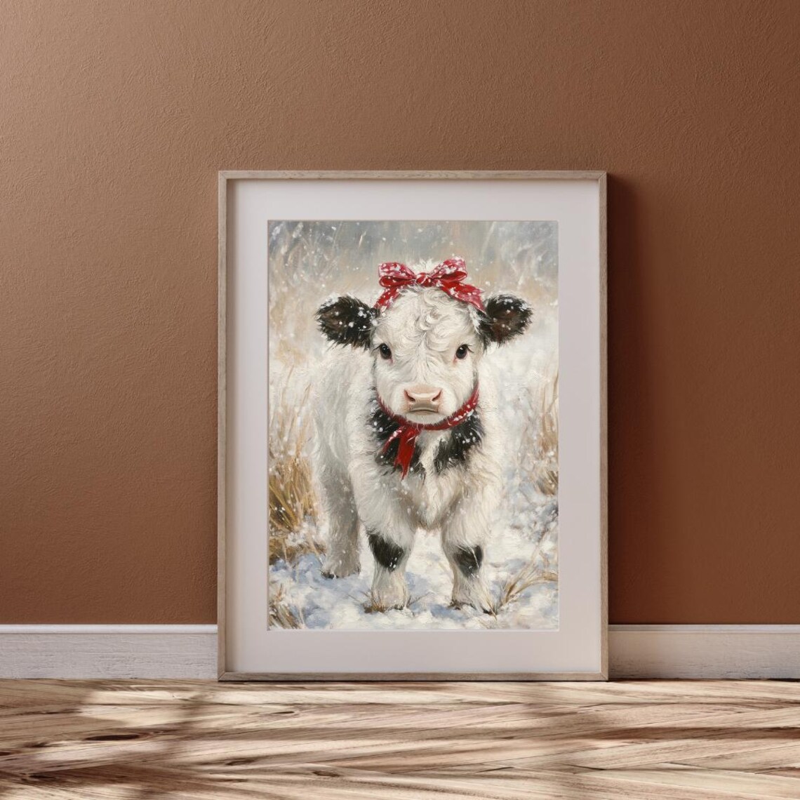 Cute Highland Calf in Snow With Red Bow Art Print - Image 6