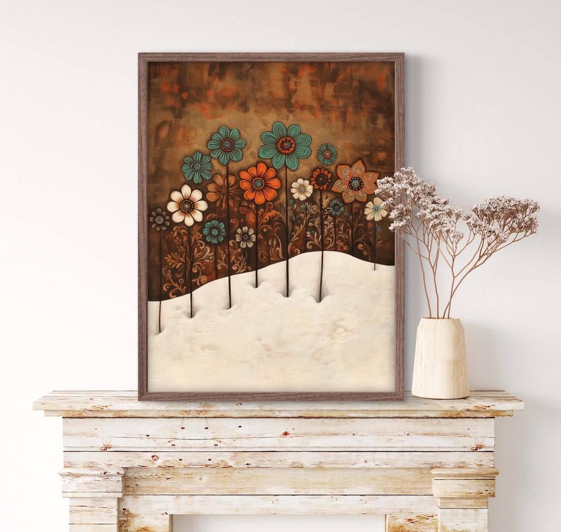 Folk Art Winter Spring Wildflowers On Snow Turquoise Orange Floral Wall Print - Image 2