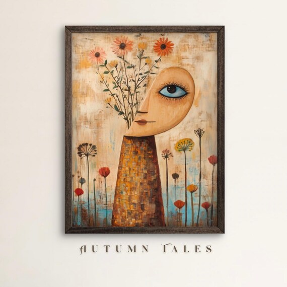 Surreal Female Face Vase with Wildflowers Abstract Folk Art Wall Art Poster