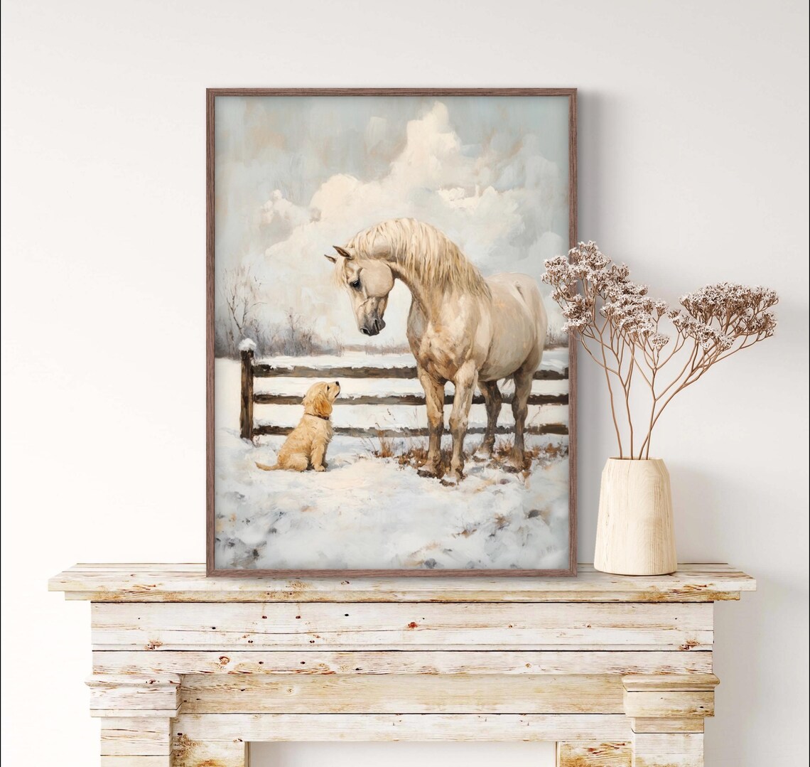Vintage Winter Farm Art Print, Christmas Animals - Image 3