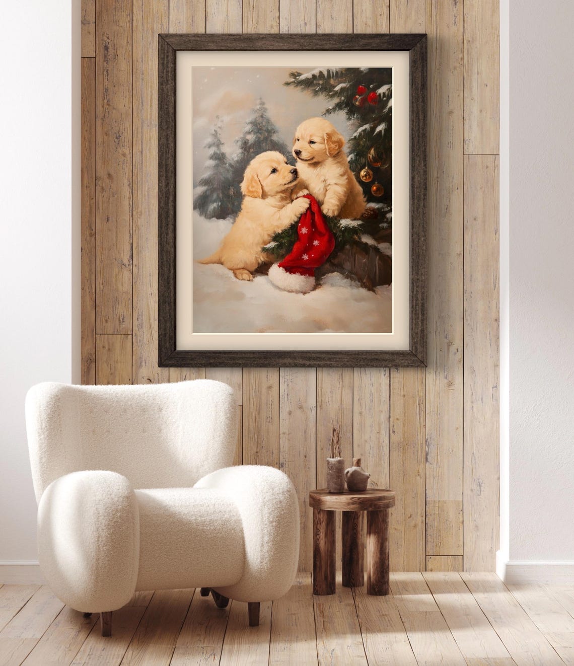 Vintage Christmas Golden Retriever Puppies Wall Art Festive Christmas Wall Decor Of Two Playful Golden Puppies In A Winter Forest - Image 3