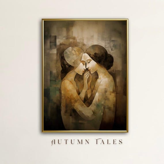 Abstract People Art Figurative Female Portrait Wall Art Print Lesbian Art Mid Cebtury Contemporary Cubism Painting For Instant