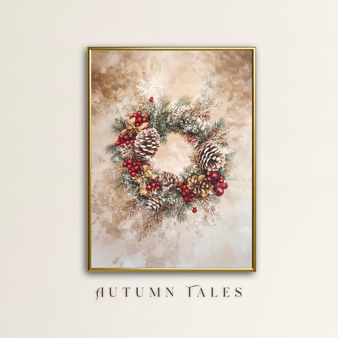 Christmas Wreath Watercolor Art Print, Holiday Decor