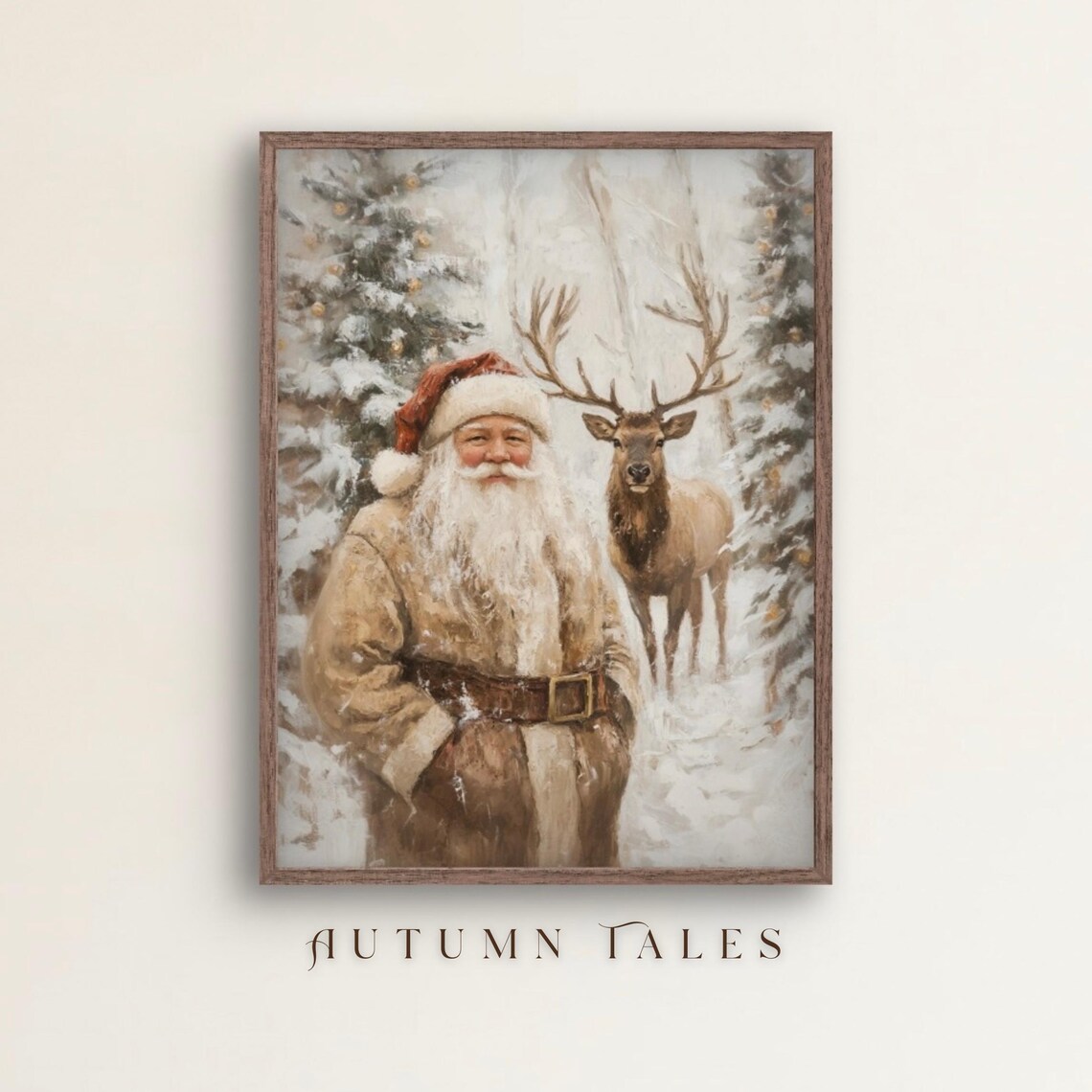 Santa Claus Reindeer Art Print, Winter Christmas Decor