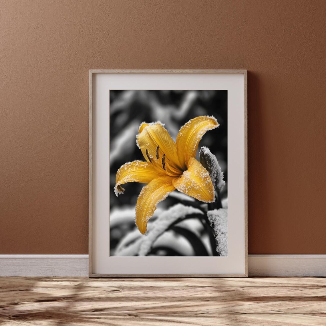 Yellow Lily Dust Frost In Monochrome Snowy Forest Black White Photo Poster - Image 6