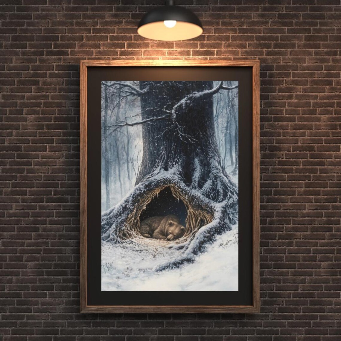 Sleeping Bear Resting Under Snowy Tree Roots Winter Forest Wall Art Poster - Image 3