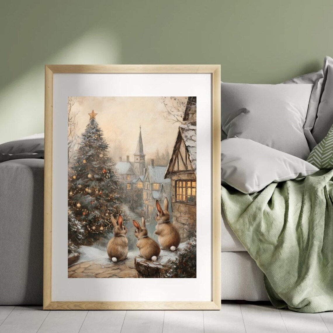 Winter Bunnies and Christmas Tree Vintage Art Print - Image 3
