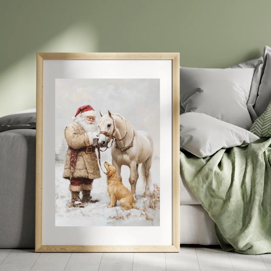 Vintage Santa With White Horse Art Print - Image 2