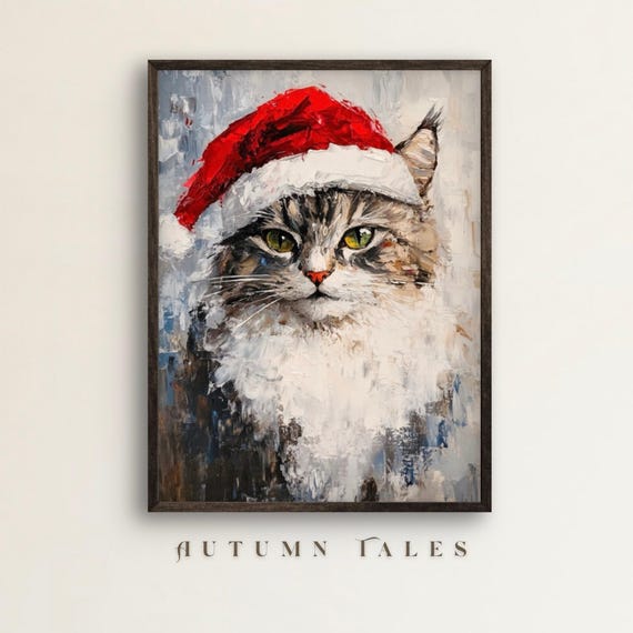 Cute Cat With Red Santa Hat Christmas Wall Art Print Vintage Animal Print Christmas Home Decor Kitten With Green Eyes