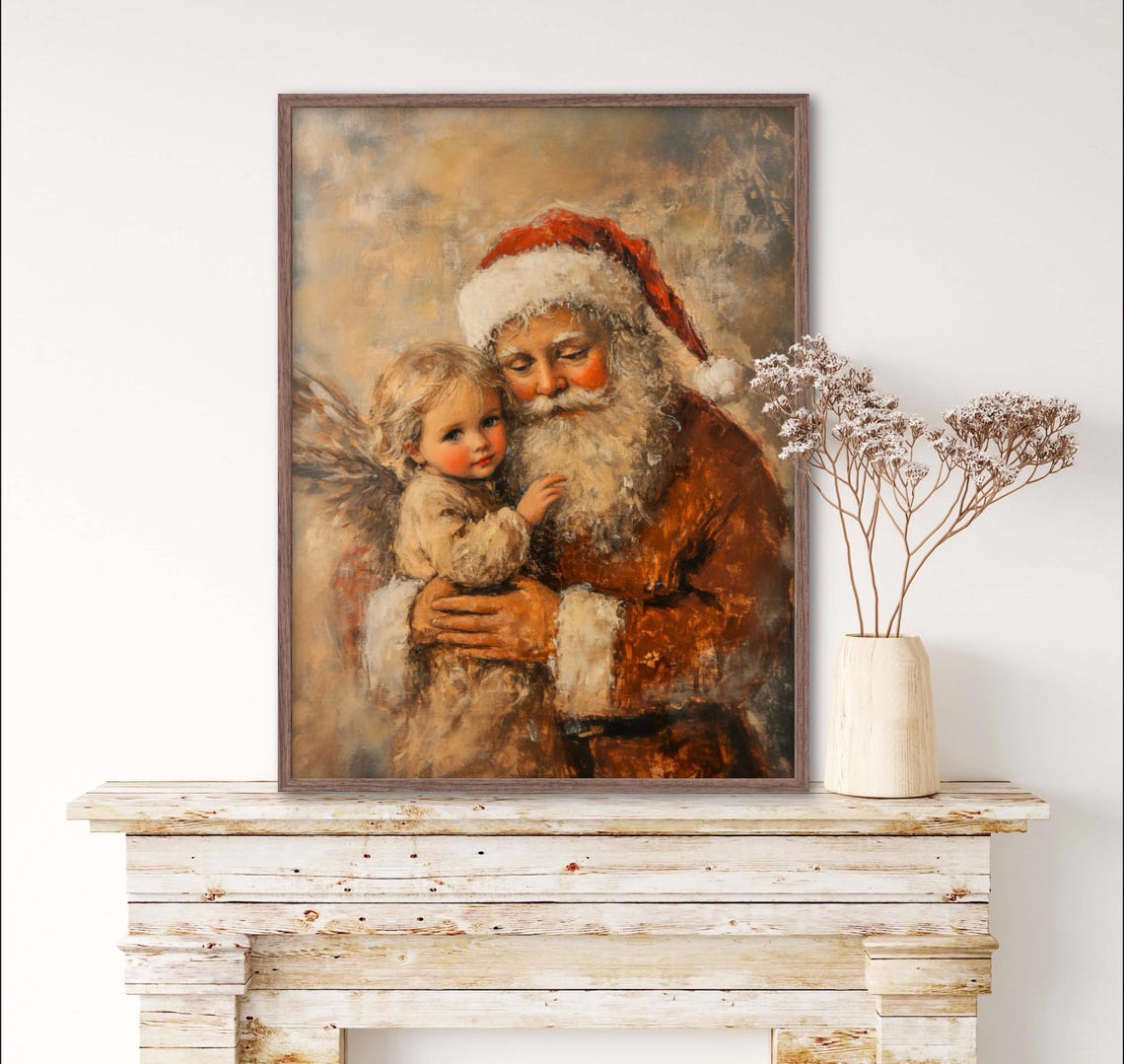 Vinatge Santa With Christmas Angel Wall Art Print Moody Christmas Wall Decor Santa With A Little Angelic Girl Kids Room Decor - Image 3