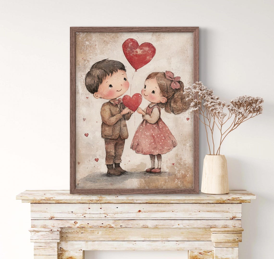 Boy and Girl Red Heart Balloon Vintage Valentines Day Poster - Image 2