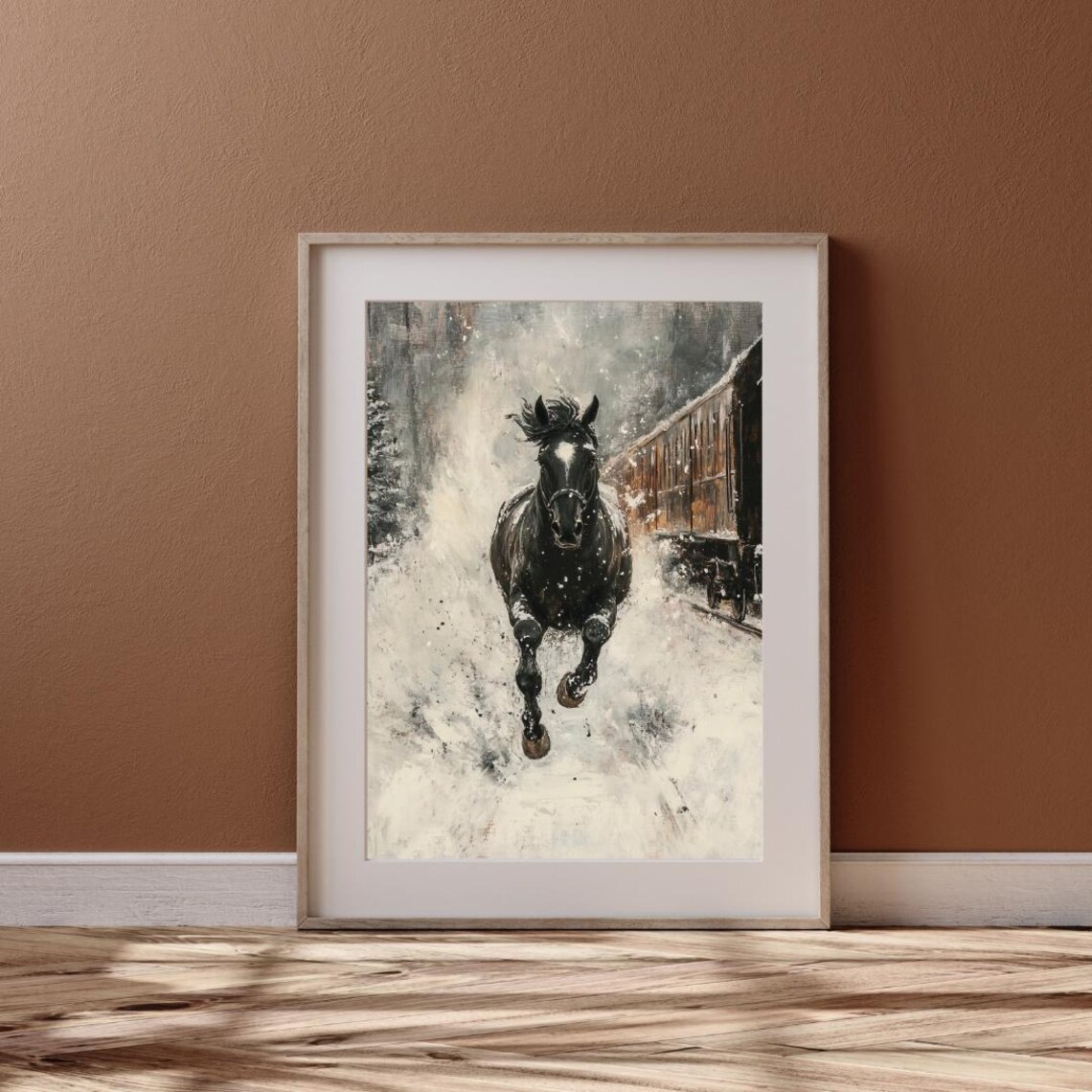 Black Horse Galloping Through Falling Snow Vintage Moody Wall Art Poster - Image 5