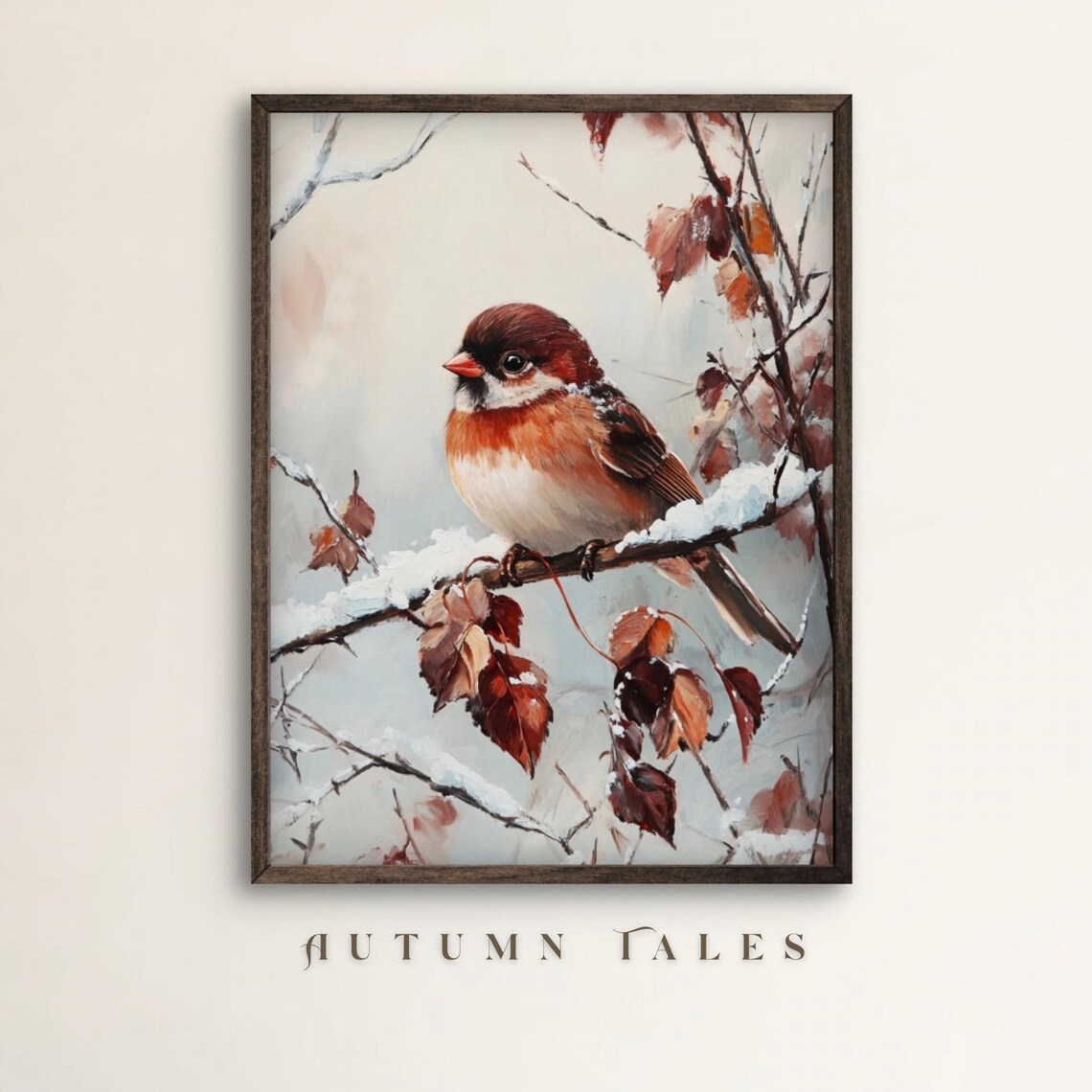 Red Headed Sparrow On Snowy Branch With Rust Leaves Vintage Bird Art Print