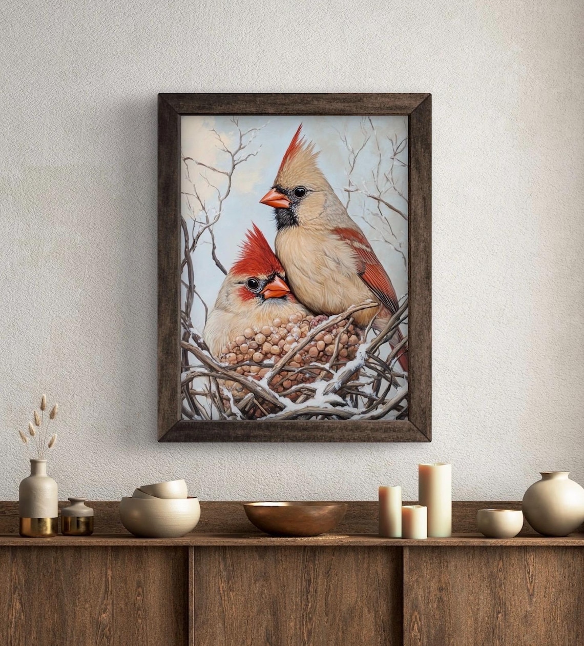Pair Of Northern Cardinals On Snowy Nest Branch Bright Winter Bird Art Print - Image 5