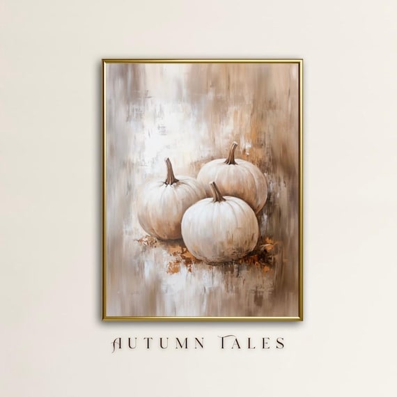 Three White Pumpkins Minimalist Still Life Neutral Beige Autumn Wall Art