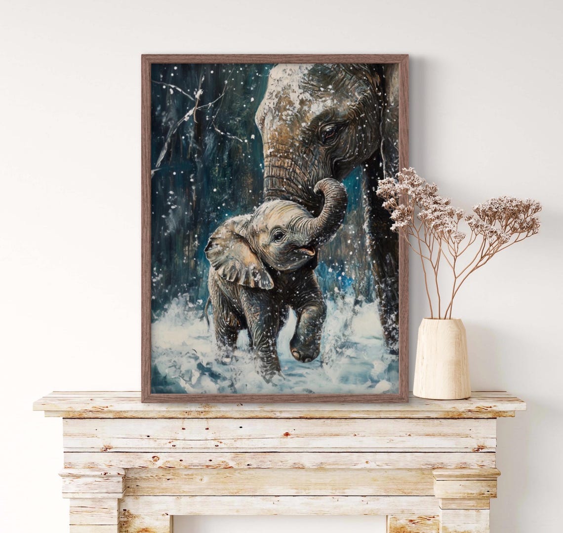 Baby Elephant With Mother In Snowy Forest Playful Wildlife Art Poster - Image 2