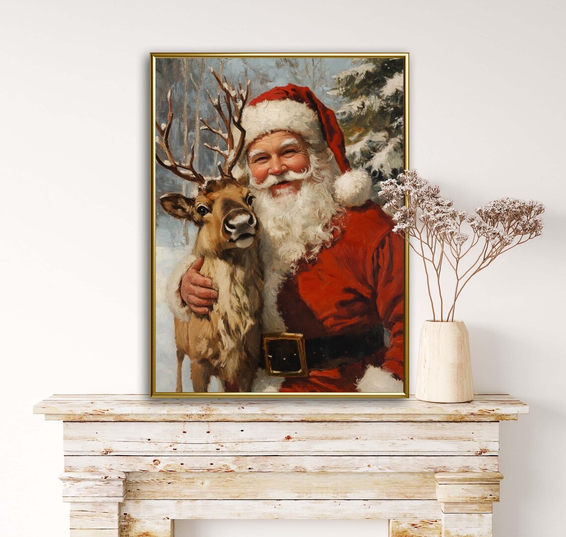 Christmas Santa and Baby Reindeer Art Print - Image 2