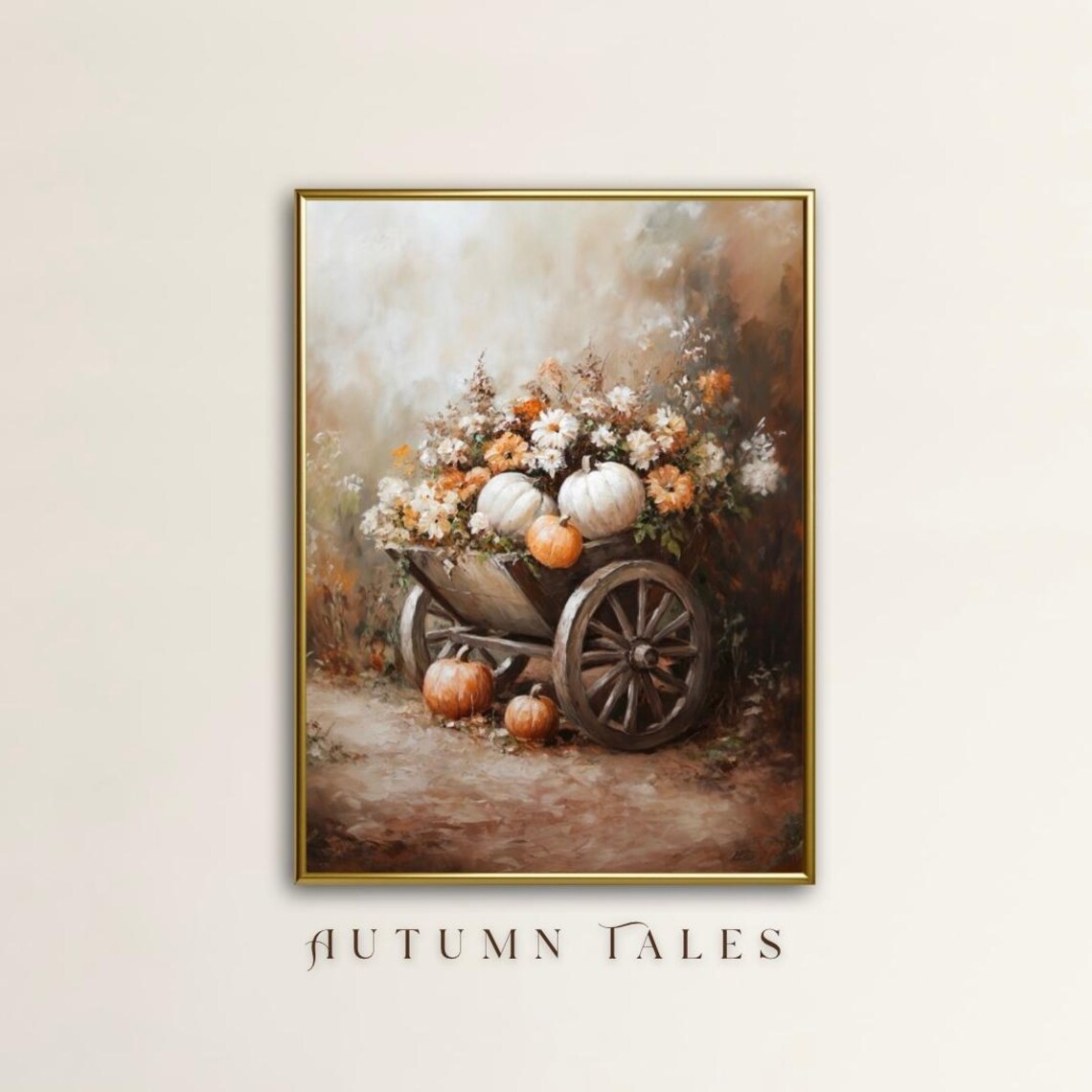Autumn Tales Wheelbarrow Pumpkins Flowers Vintage Rustic Harvest Art Print
