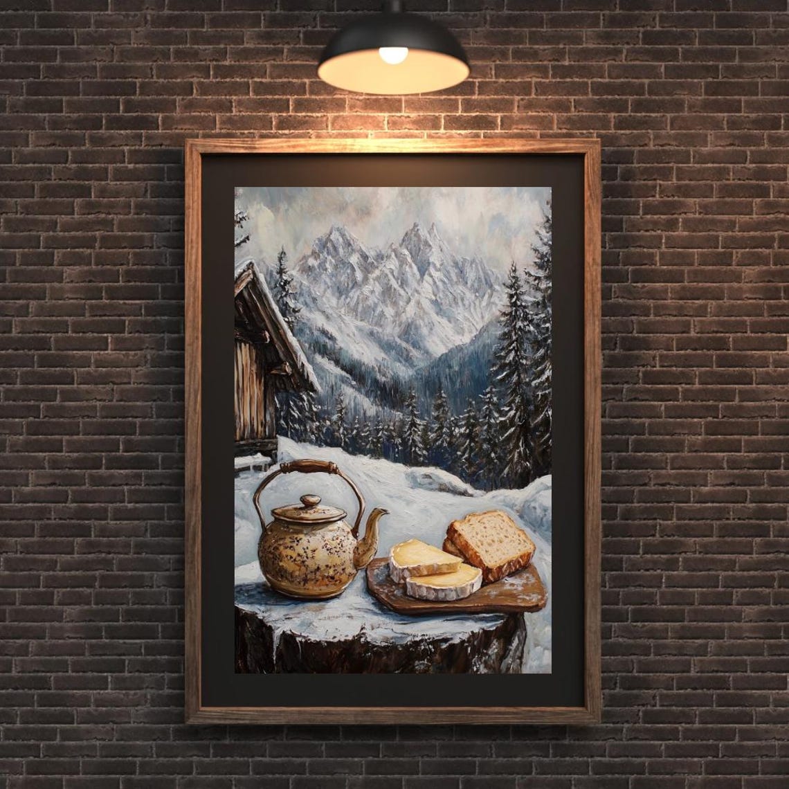 Alpine Tea Time Teapot Bread Cheese Snowy Mountain Art Poster - Image 3