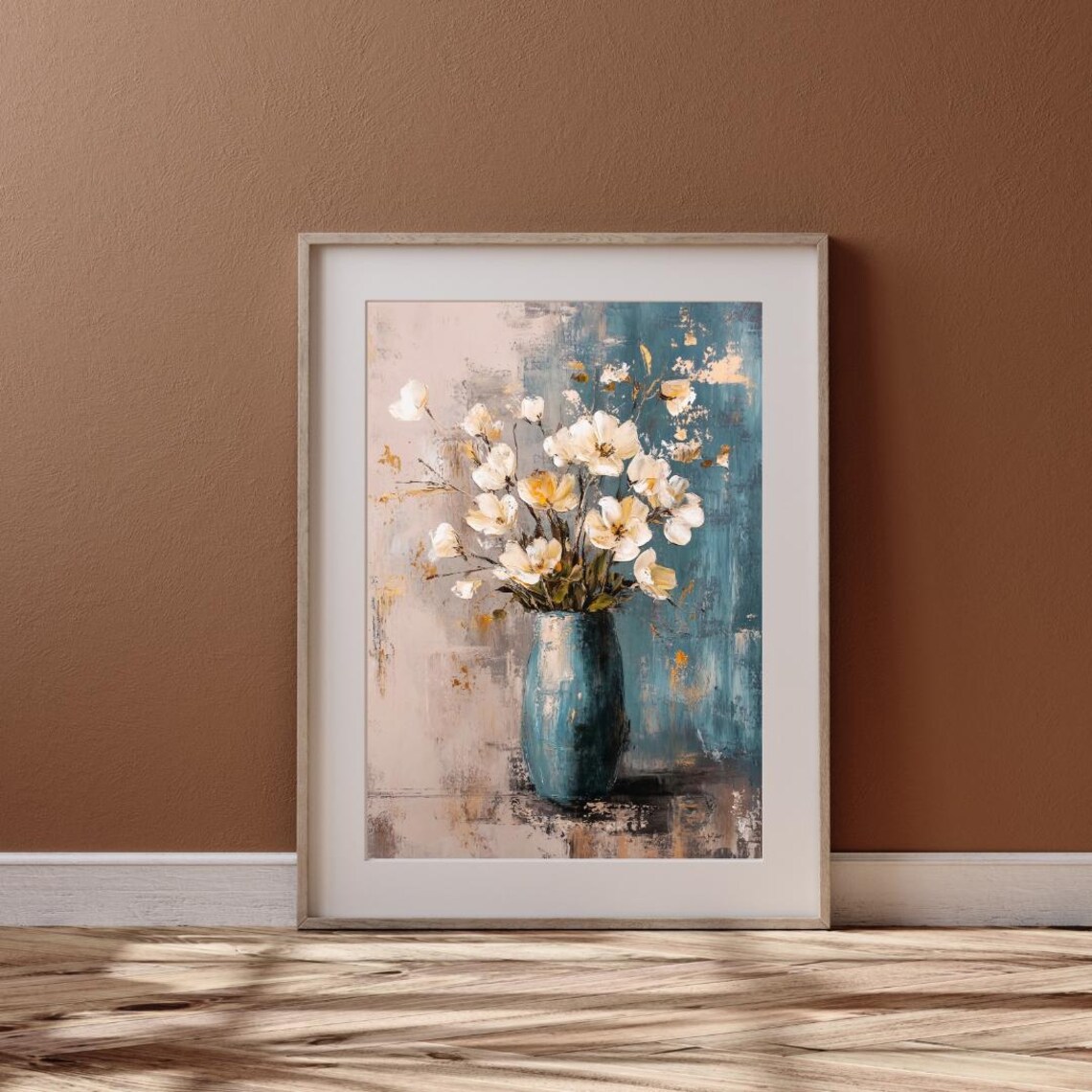 Blue Ceramic Vase with White Flowers Abstract Floral Still Life Wall Art Print - Image 6