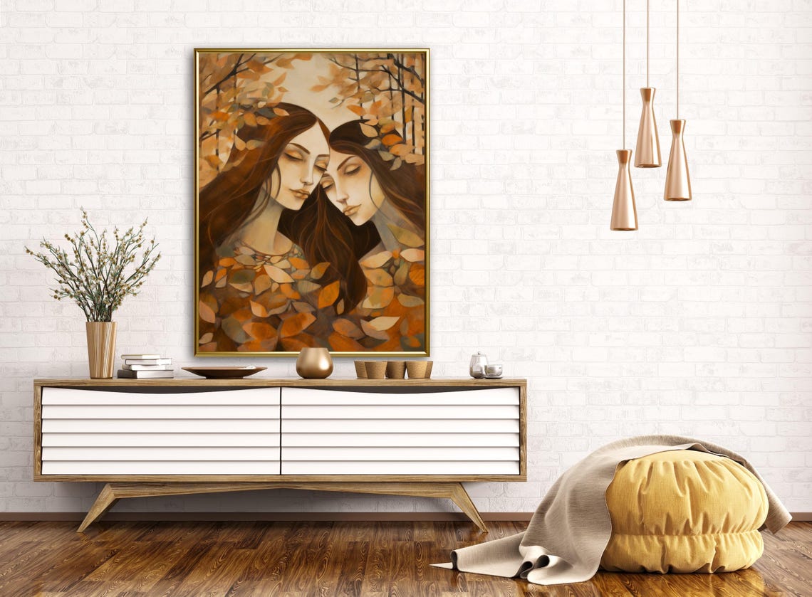 Two Women Portraits Among Golden Autumn Leaves Painterly Fall Wall Art - Image 2