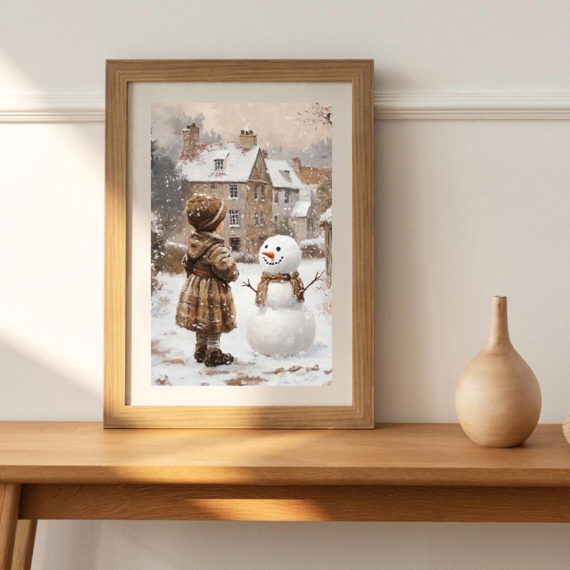 Vintage Snowman Winter Art Print, English Village - Image 3