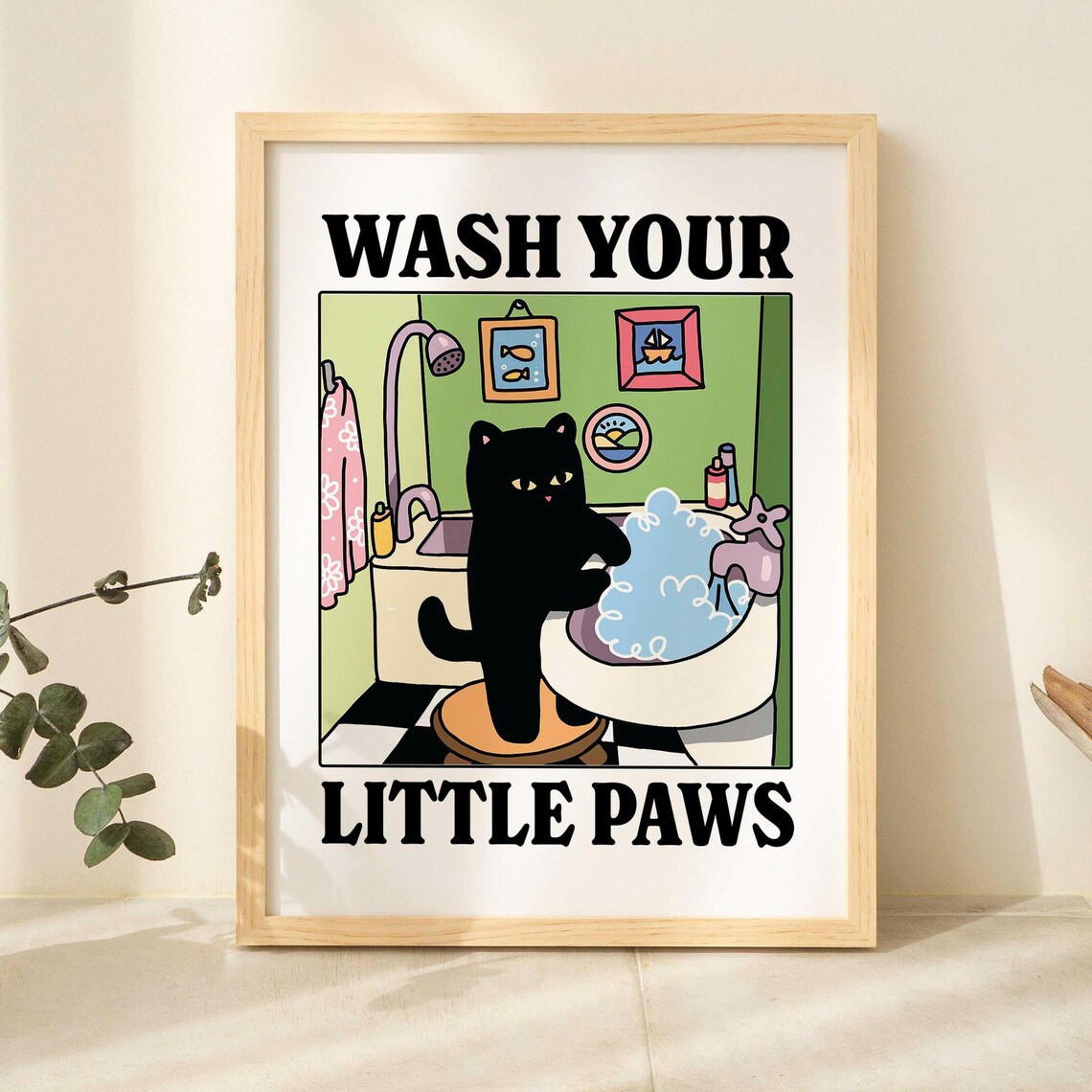 Wash Your Paws Green Cat Print, Cute Bathroom Poster