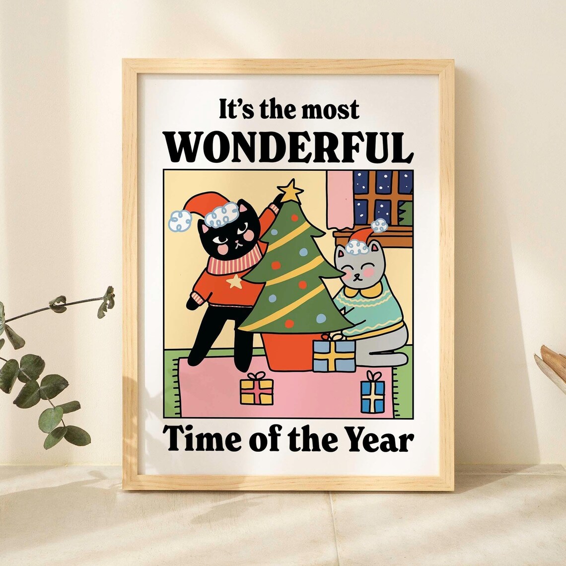 Cats Christmas Poster Wonderful Time of the Year Holiday Tree Decor