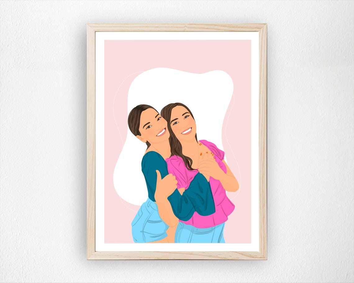 Custom Sisters Portrait Two Women Back to Back Gift Wall Art