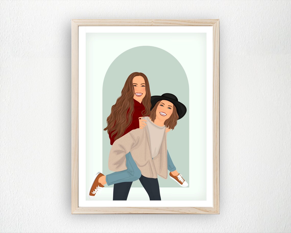 Custom Best Friend Portrait Personalized Sisters Illustration Art Print Friendship Gift Minimalist Line Couple Drawing