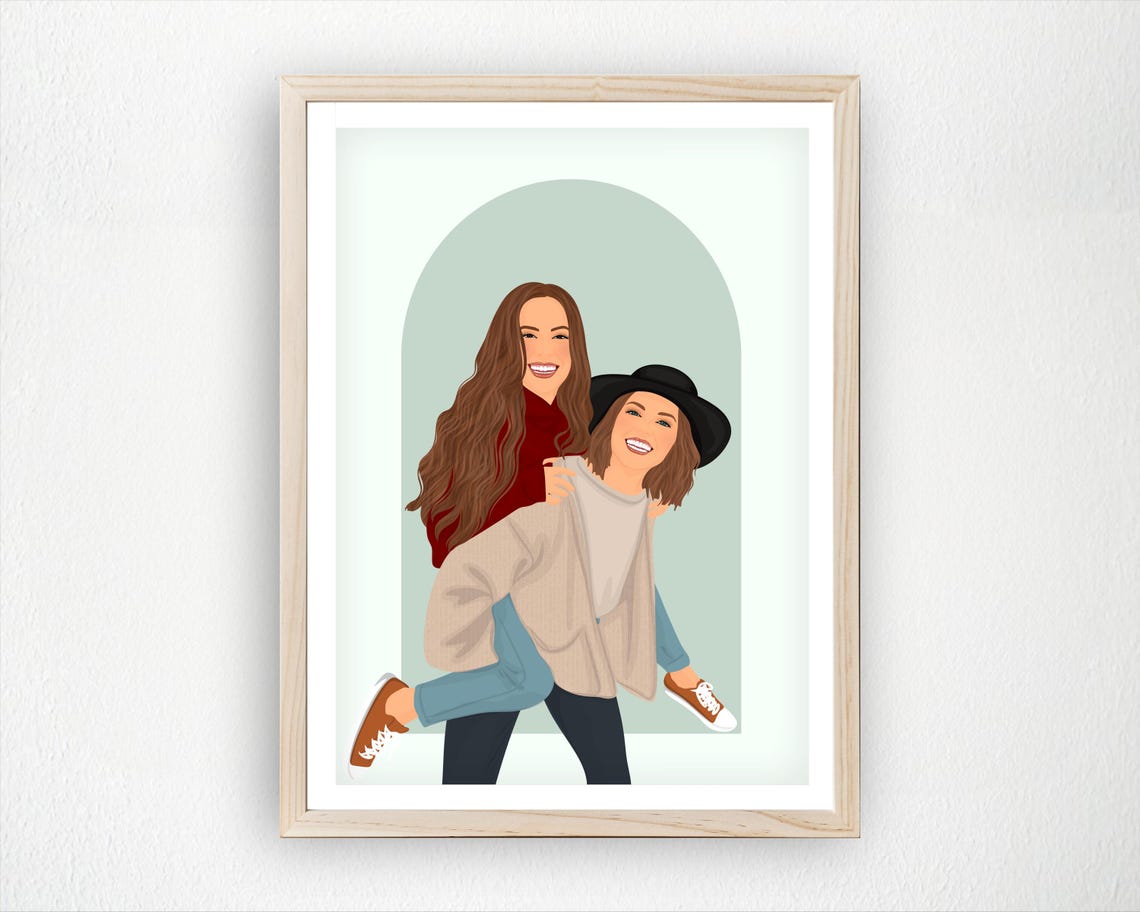 Custom Friends Portrait Piggyback Hug Minimalist Gift Wall Art