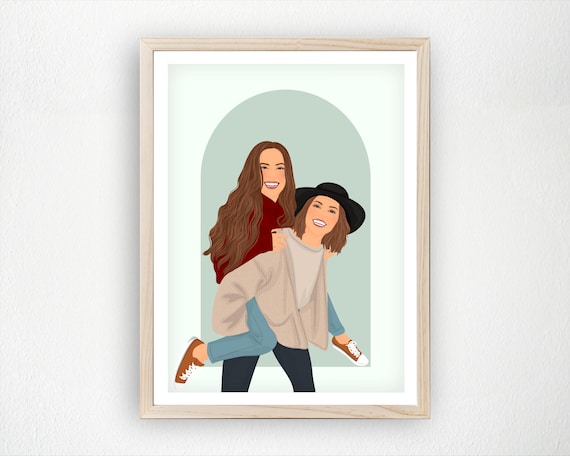 Custom Friends Portrait Piggyback Hug Minimalist Gift Wall Art