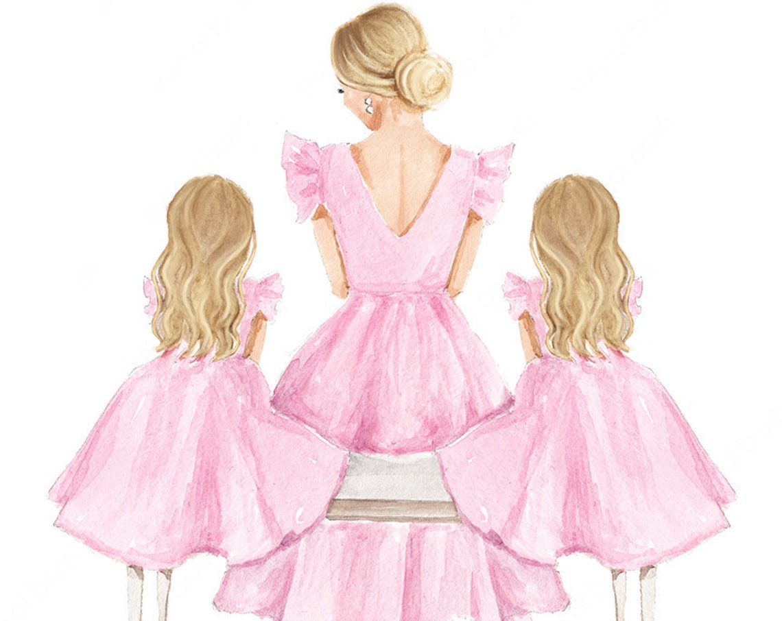 Mother And Two Daughters Illustration Blonde Mommy And Me Mother And Daughters Print Fashion Illustration