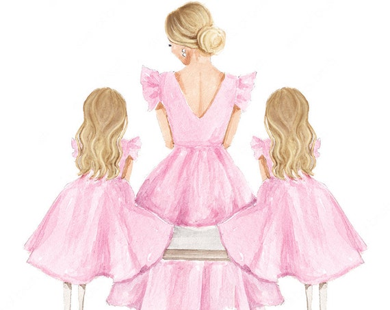 Mother And Two Daughters Illustration Blonde Mommy And Me Mother And Daughters Print Fashion Illustration