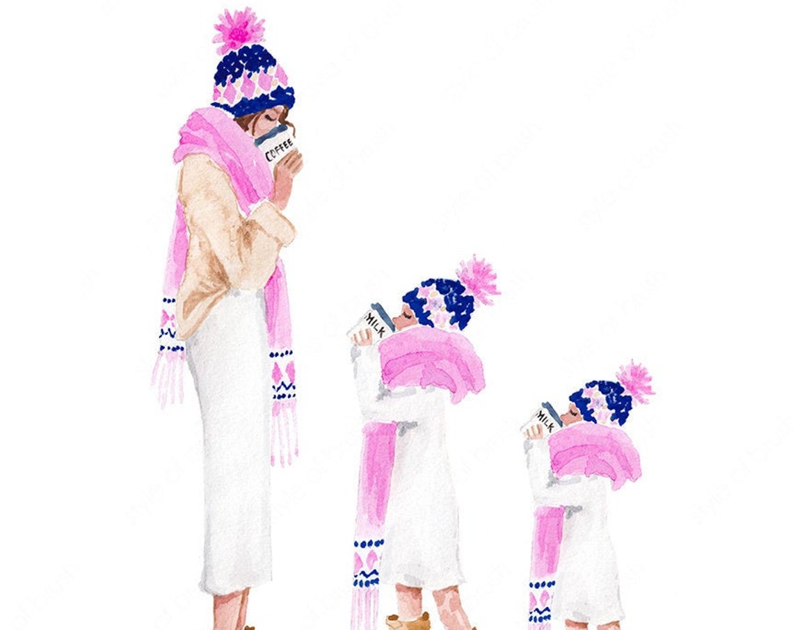 Mother and Daughters in Winter Hats Drinking Coffee Art Poster - Image 2