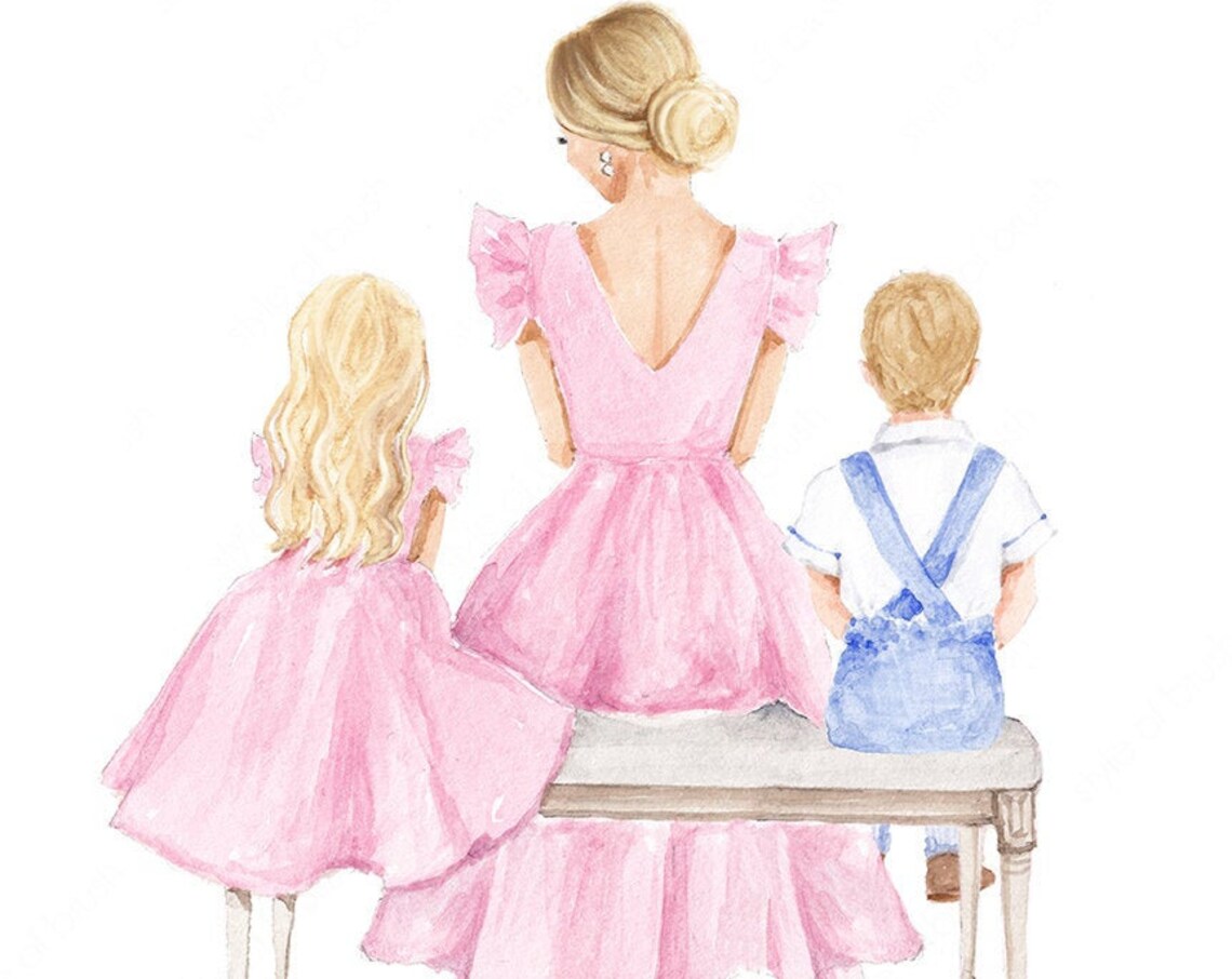 Blonde Mother Daughter and Son Pink Dress Illustration Poster