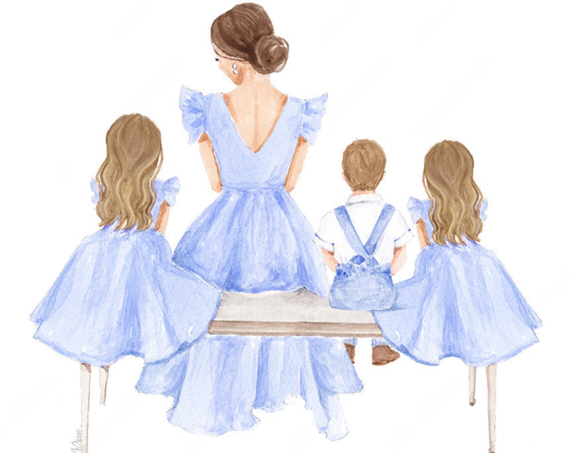 Brunette Mother with Three Children in Blue Dresses Family Poster