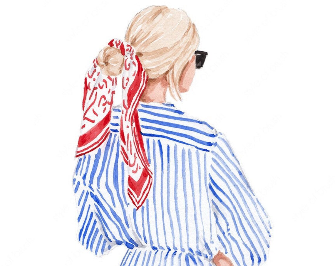 Blonde Woman in Blue Striped Shirt with Red Bandana Scarf Poster