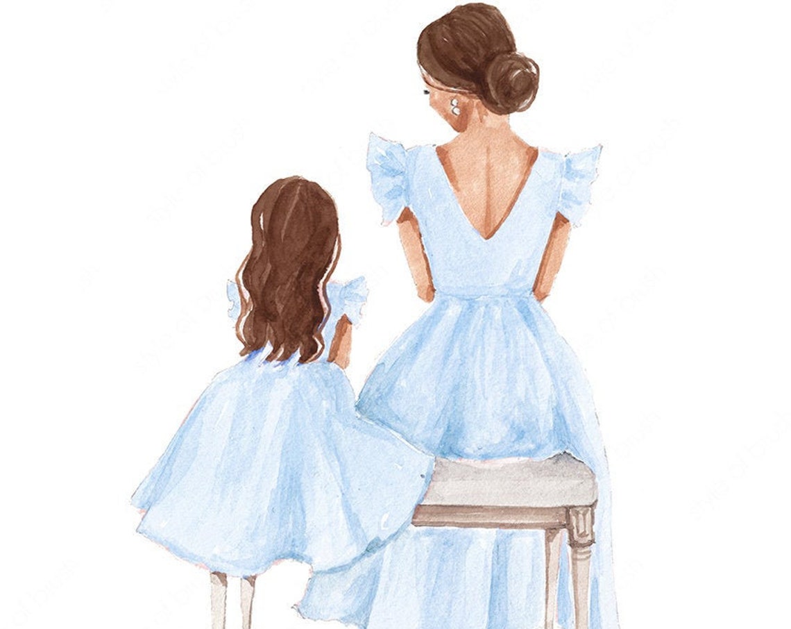 Brunette Mother and Daughter in Blue Dresses Seated on Bench Poster